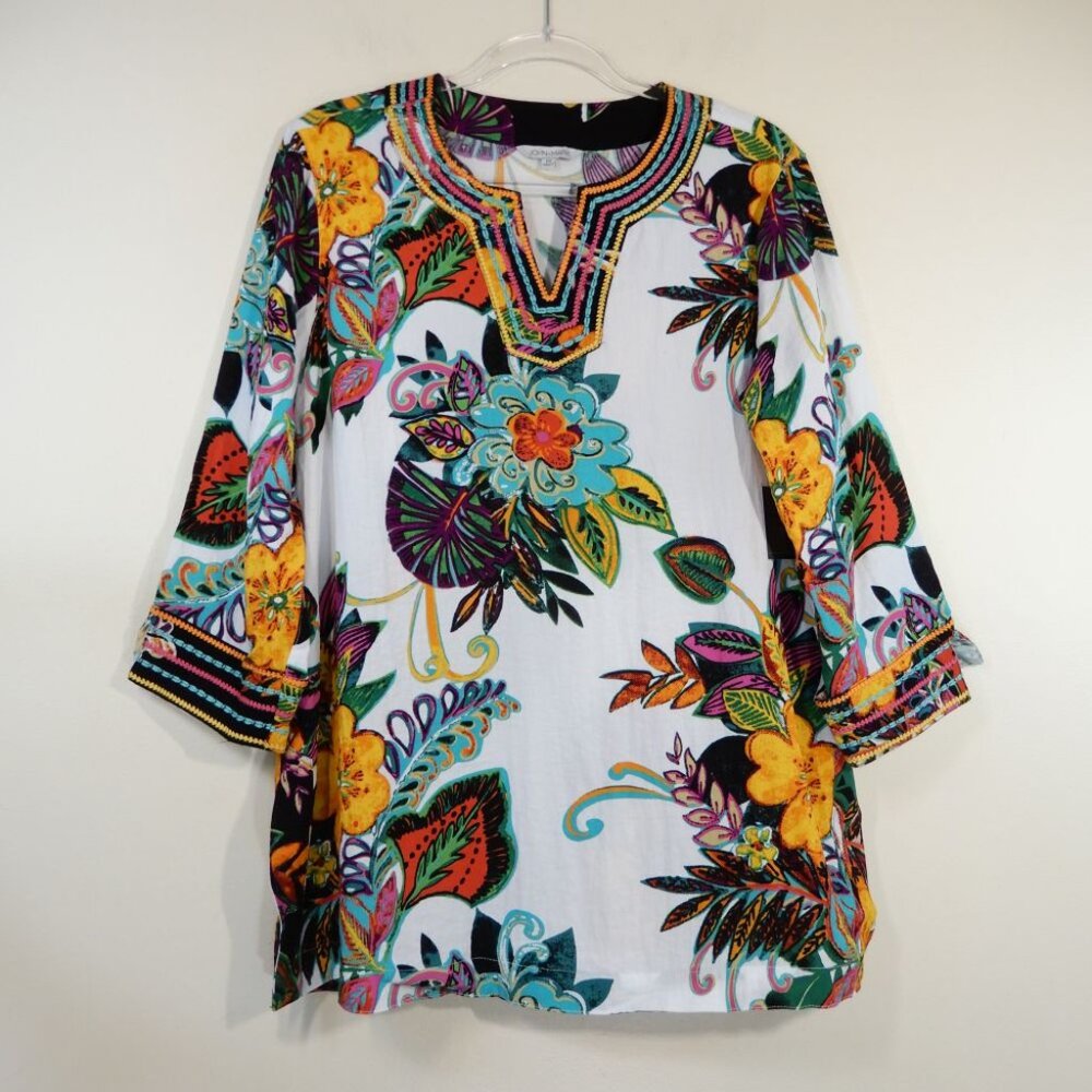 John Mark Tunic Top Size M Embroidered Tropical Floral Split V-Neck NEW $119 - Picture 4 of 11